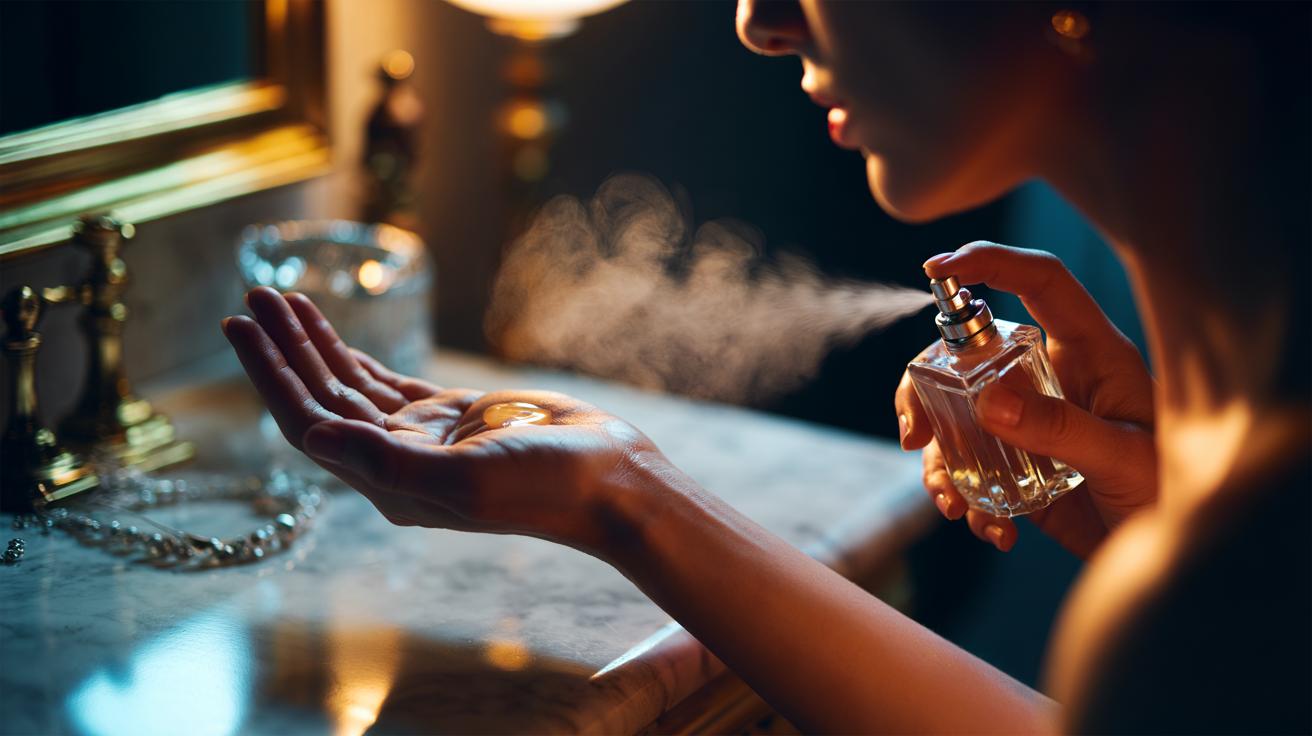 Illustration of applying unscented petroleum jelly to pulse points before spraying perfume to trap fragrance molecules and extend scent longevity