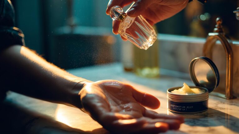 Illustration of applying a thin layer of Vaseline to wrist pulse points before spritzing perfume to trap scent molecules and extend wear