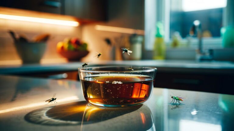 Illustration of a bowl of apple cider vinegar mixed with dish soap trapping and drowning fruit flies