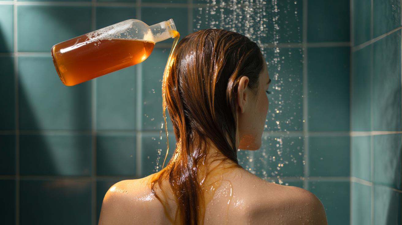 Illustration of a vinegar rinse restoring shine to dull hair by dissolving product buildup