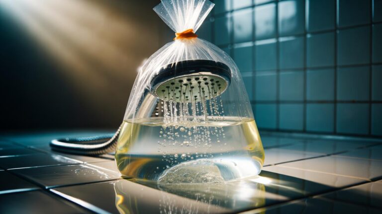 Illustration of a shower head submerged in a plastic bag of white vinegar to dissolve limescale buildup and restore water pressure