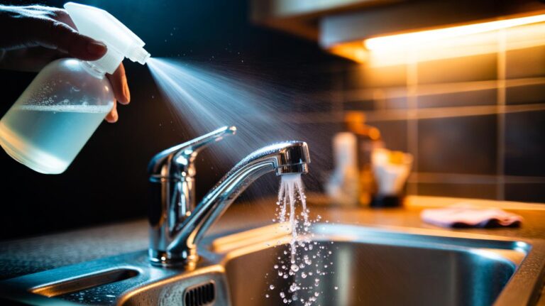 Illustration of white vinegar being sprayed onto a limescale-stained chrome tap to dissolve hard water marks.