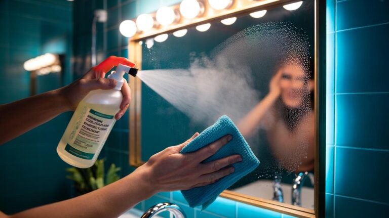 Illustration of a bathroom mirror being sprayed with a white vinegar and water solution and buffed with a microfibre cloth to create an invisible anti-fog shield