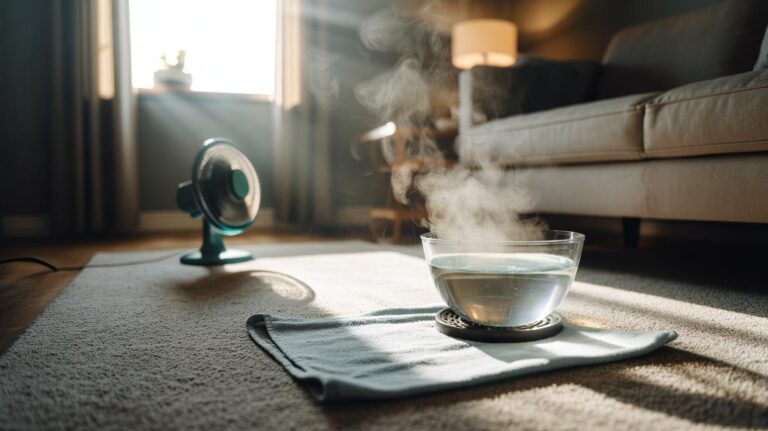 Illustration of the vinegar steam trick removing carpet odours with a heatproof bowl of white distilled vinegar and hot water emitting steam beside a carpeted patch, a microfibre towel tented over the area, and a small fan directing airflow toward a slightly open window