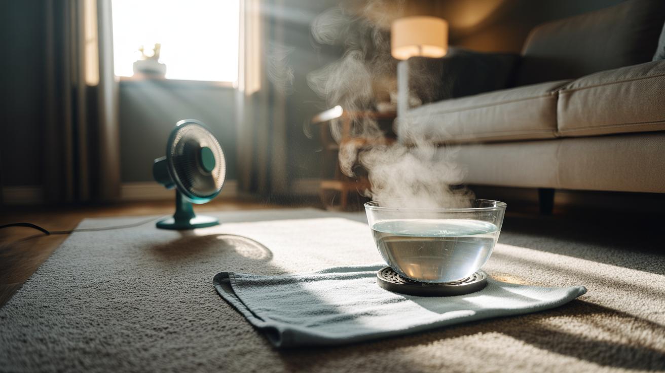 Illustration of the vinegar steam trick removing carpet odours with a heatproof bowl of white distilled vinegar and hot water emitting steam beside a carpeted patch, a microfibre towel tented over the area, and a small fan directing airflow toward a slightly open window