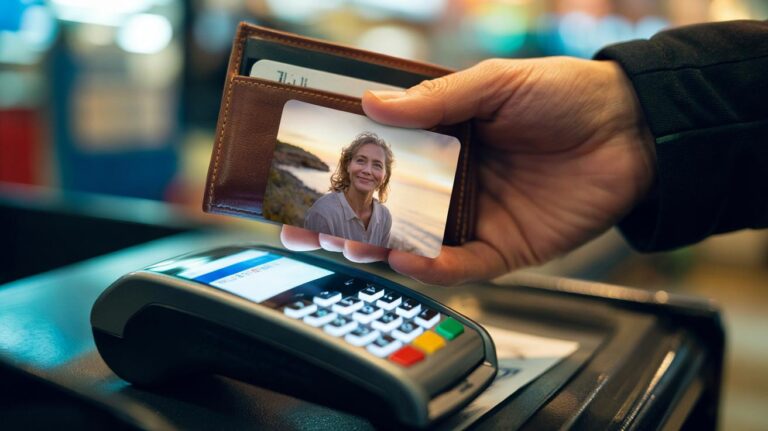 Illustration of a wallet holding a bank card and a photo of an older future self, used as a visual prompt to resist impulse spending