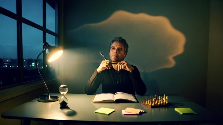 Illustration of a person confronting overthinking by naming the worst-case scenario and outlining next steps to shrink fear