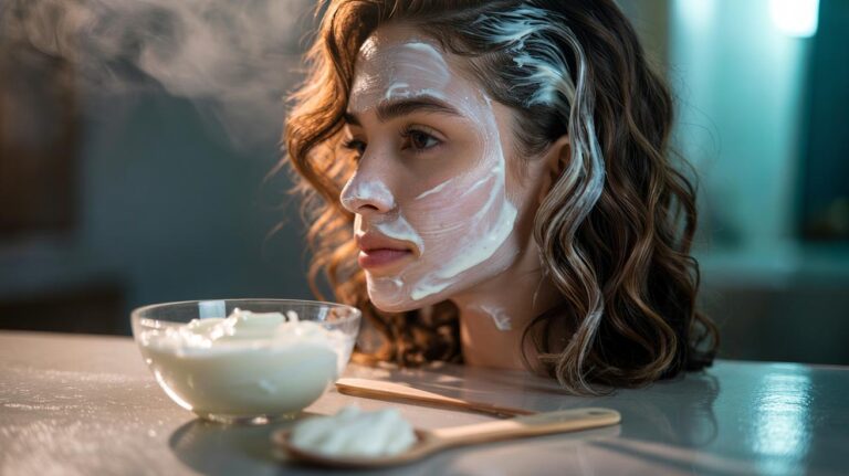 Illustration of a yogurt hair mask being applied to damaged hair cuticles to restore softness via proteins