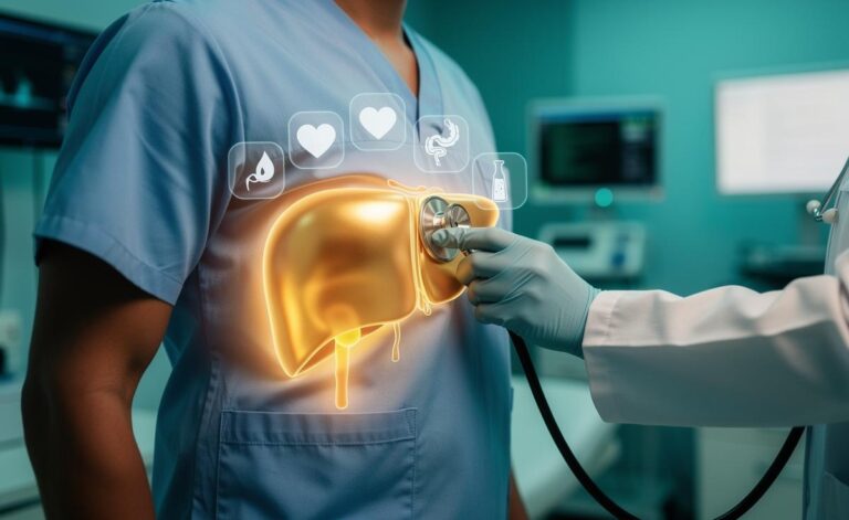 Illustration of the human liver highlighted on a body silhouette with medical symbols representing signs of healthy liver function