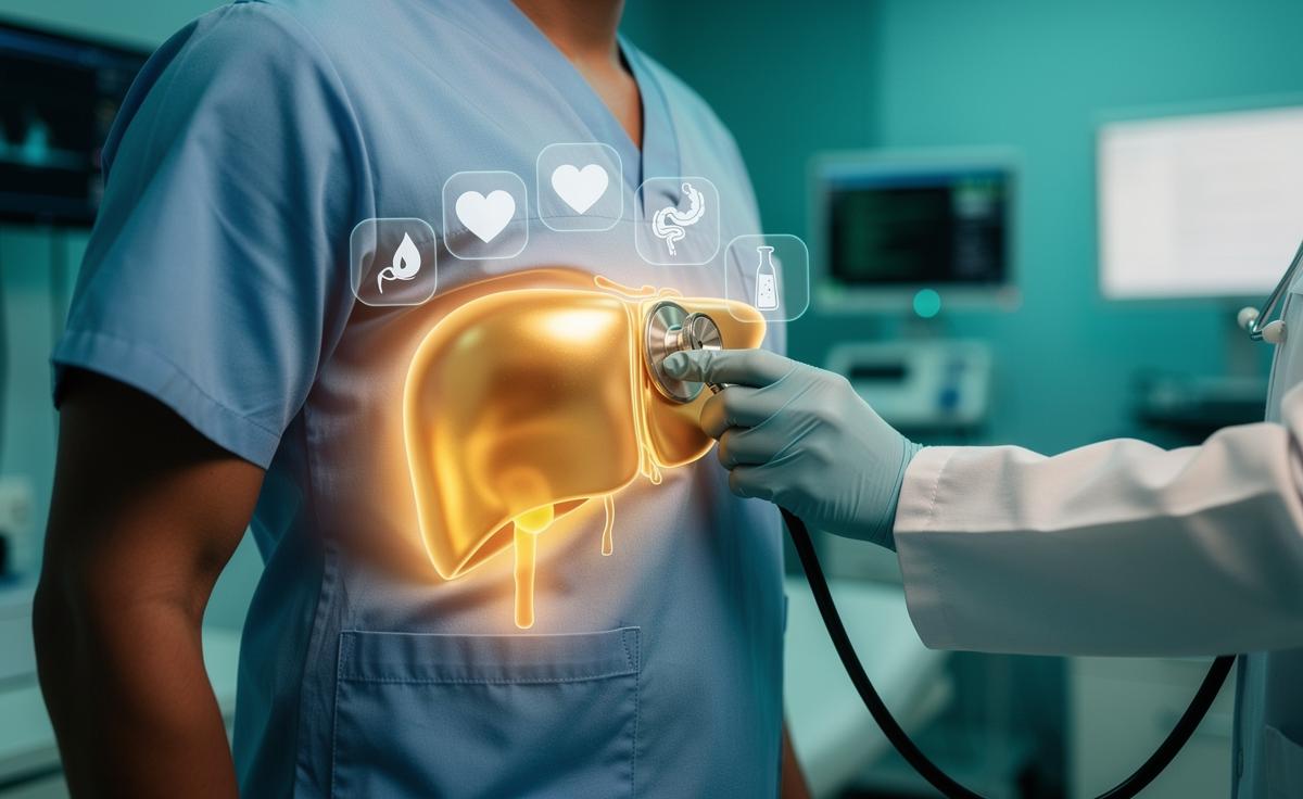 Illustration of the human liver highlighted on a body silhouette with medical symbols representing signs of healthy liver function