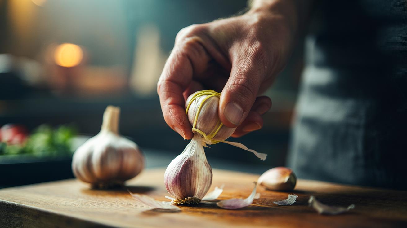 Illustration of a hand using a rubber band to twist and peel the skin from a garlic clove.