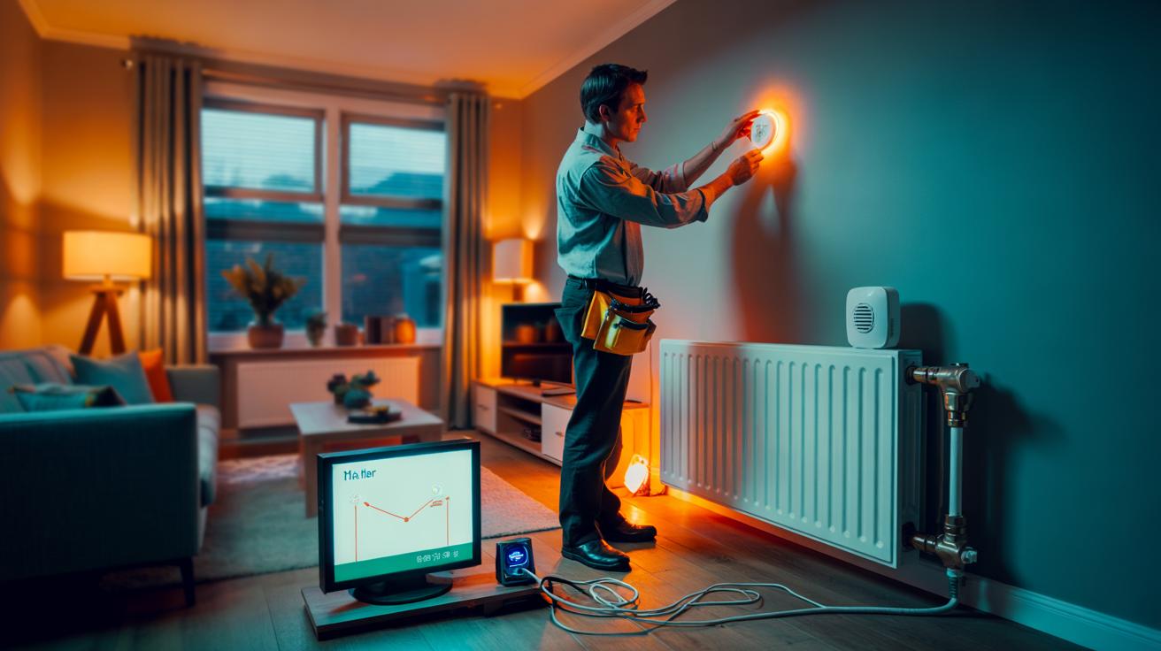 Illustration of five electrician-approved energy-saving methods for UK homes, including smart heating controls, LED lighting, smart plugs and power strips, appliance timers with load-shedding, and circuit submetering with energy monitors