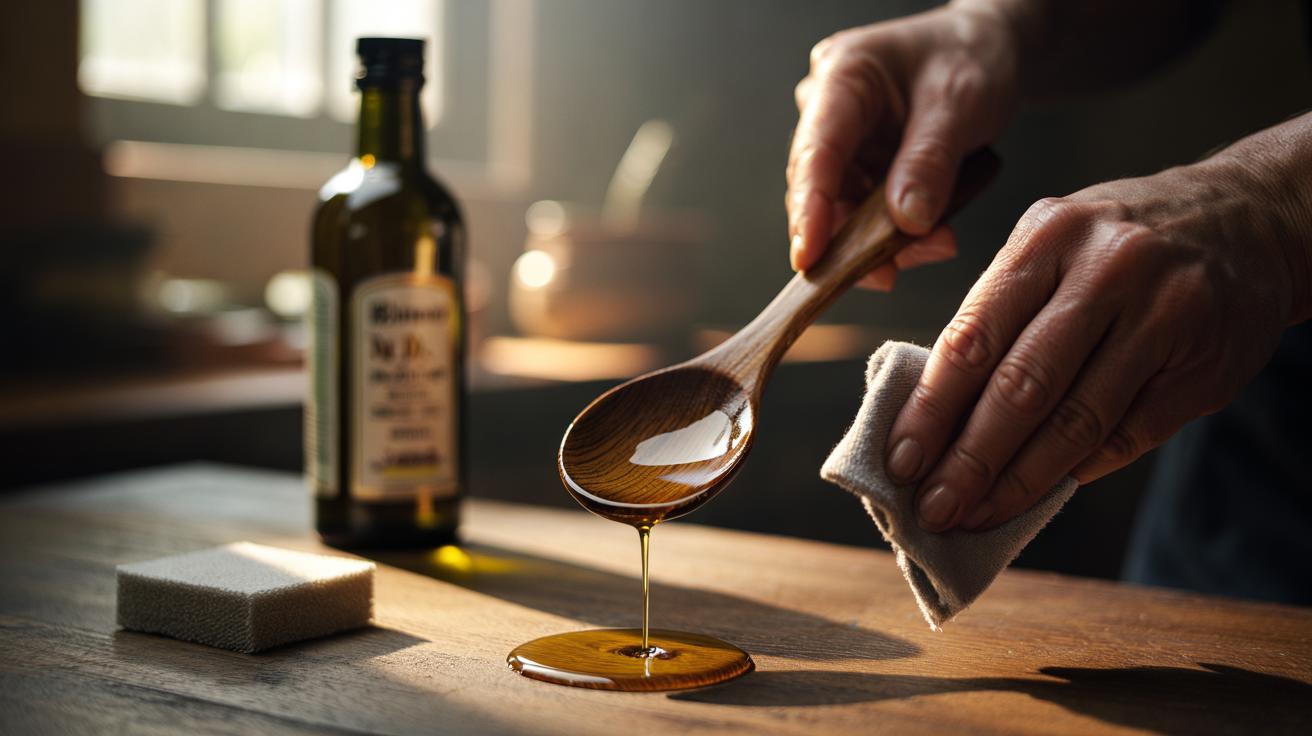 Illustration of a wooden spoon being coated with a thin layer of olive oil and buffed with a cloth to prevent splintering and cracking