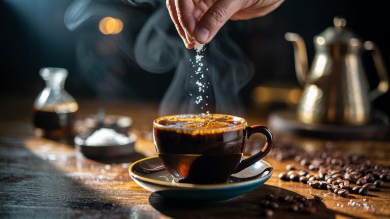 Illustration of a pinch of salt being added to a cup of coffee to soften bitterness and perceived acidity