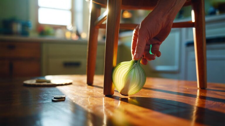 Illustration of a thin onion slice placed under a wobbly chair leg for instant stabilisation without tools