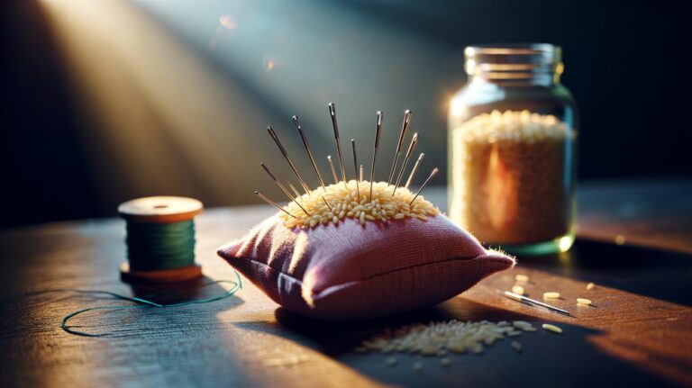 Illustration of sewing needles held upright by rice grains in a pincushion