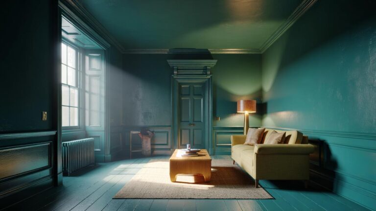 Illustration of a color-drenched room with walls, trim, doors, and ceiling painted in the same hue to unify the space