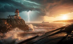 Illustration of a surprising twist in climate predictions: record ocean heat, reduced aerosols unmasking warming, and intensifying extreme weather.