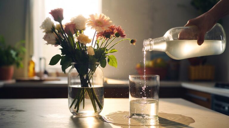 Illustration of a splash of white vinegar poured into a vase of wilted flowers to revive them by lowering water pH and suppressing microbes