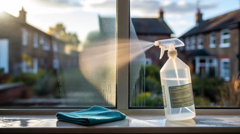 Illustration of a hand cleaning a window with a spray bottle of white vinegar and a microfibre cloth for a streak-free finish