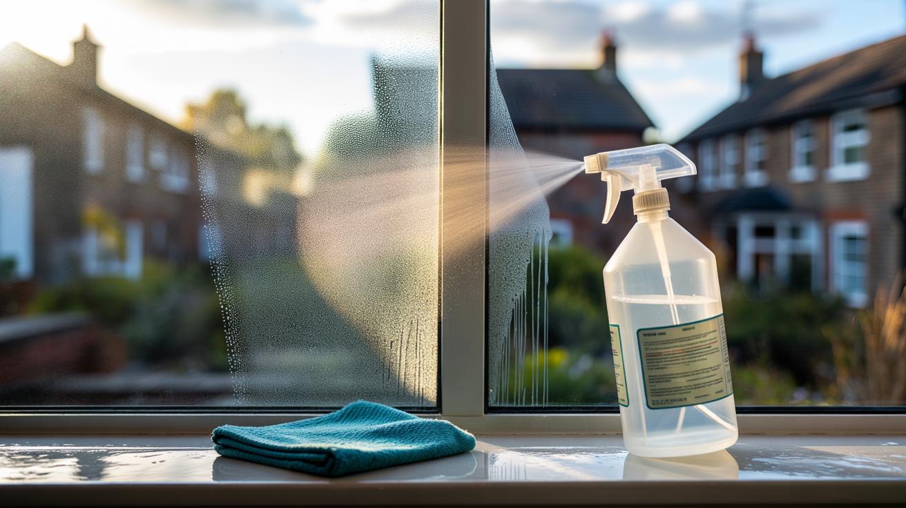 Illustration of a hand cleaning a window with a spray bottle of white vinegar and a microfibre cloth for a streak-free finish