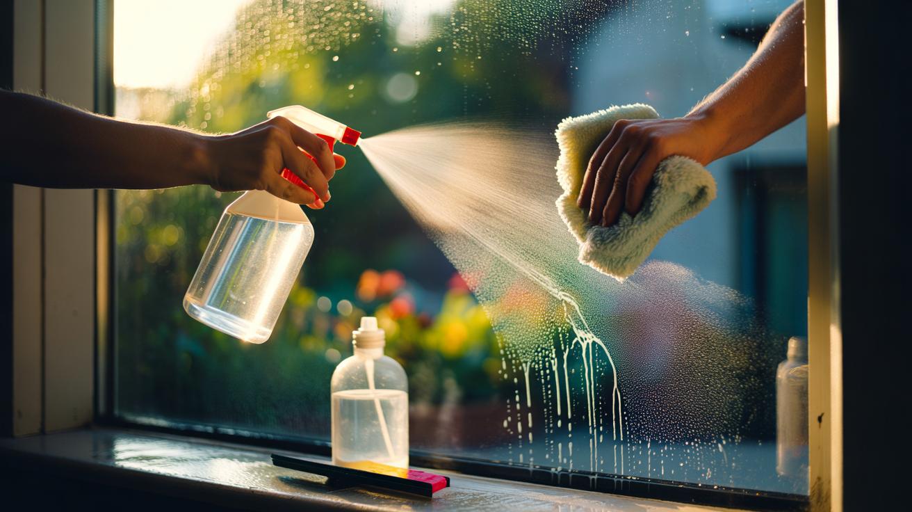 Illustration of a person spraying a white vinegar solution on a window and wiping with a microfiber cloth for a streak-free finish