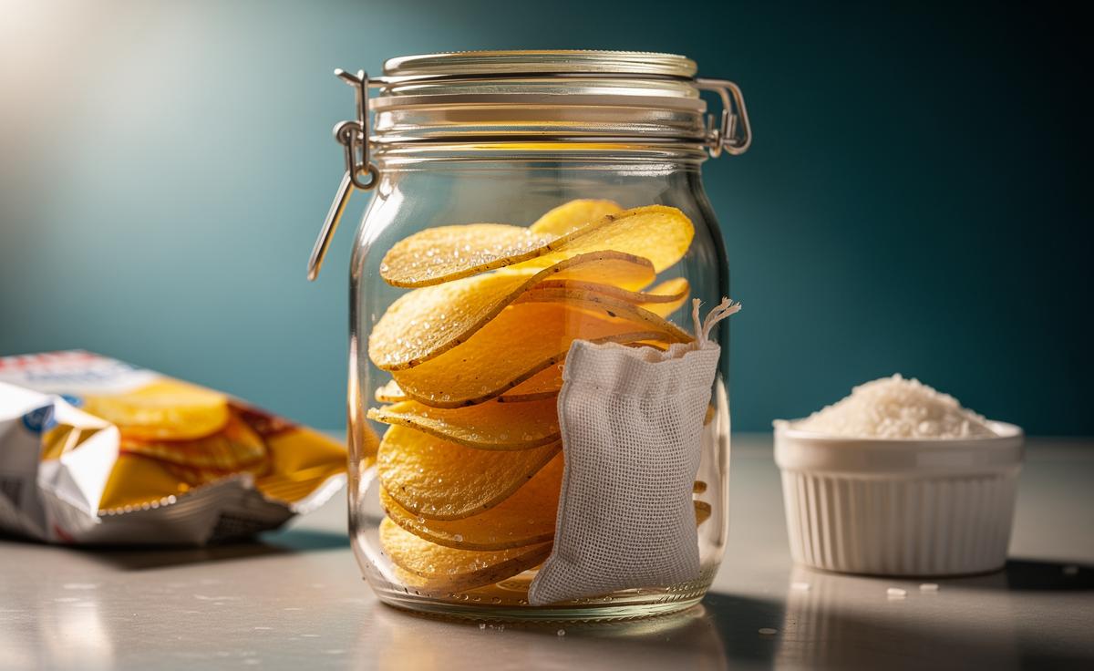 Illustration of uncooked rice placed beside potato crisps in a sealed container to absorb moisture and restore crunch