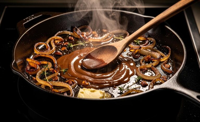 Illustration of onions being caramelised and deglazed in a pan to add flavour and depth to gravy