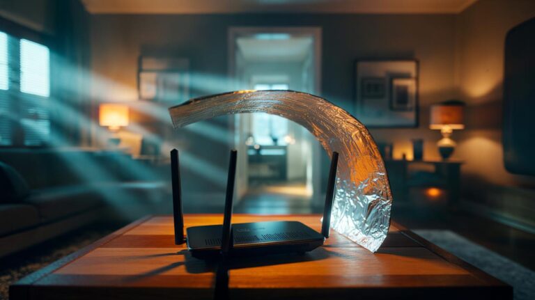 Illustration of aluminium foil shaped into a curved reflector placed behind a home Wi‑Fi router to steer signal toward a target room