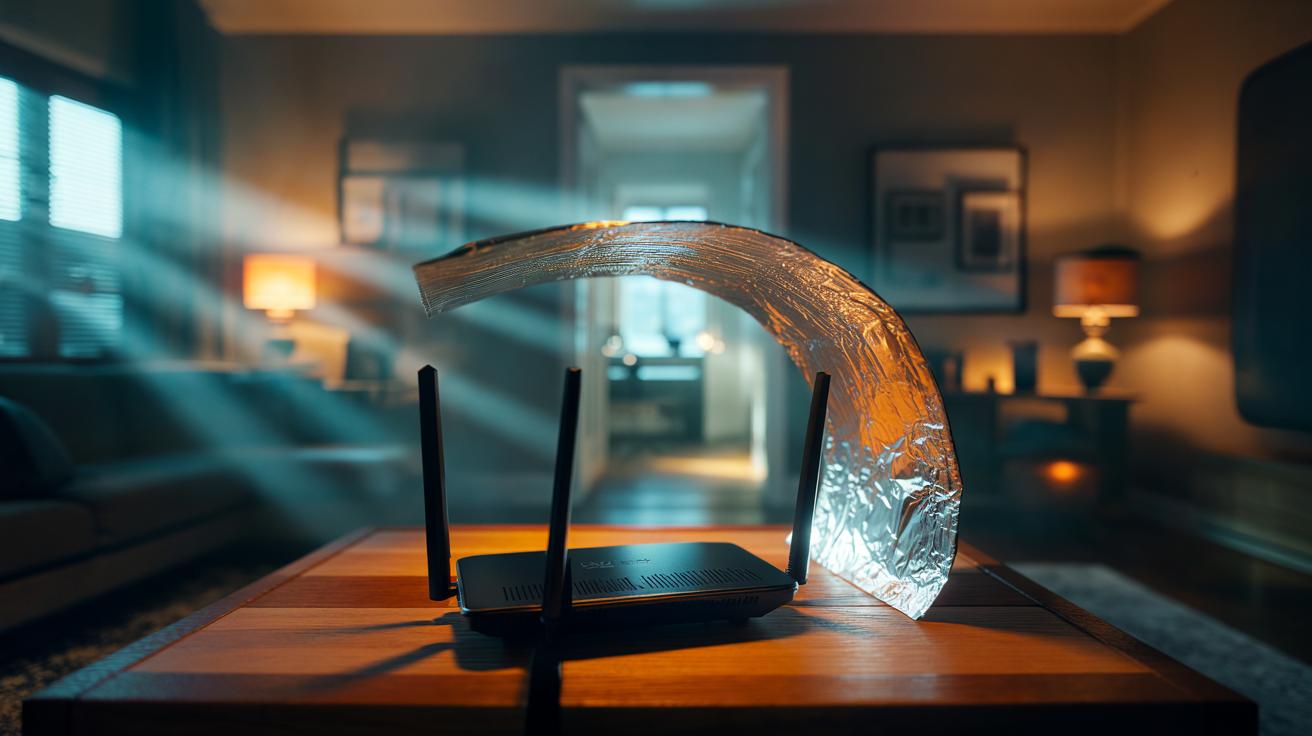 Illustration of aluminium foil shaped into a curved reflector placed behind a home Wi‑Fi router to steer signal toward a target room