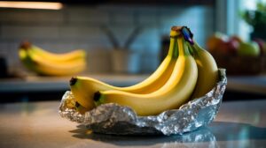 Illustration of aluminium foil wrapped around the banana crown to slow ethylene gas and extend shelf life