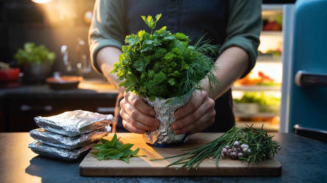 Illustration of aluminium foil-wrapped herb portions labelled and sealed for airtight storage to keep leftovers fresh
