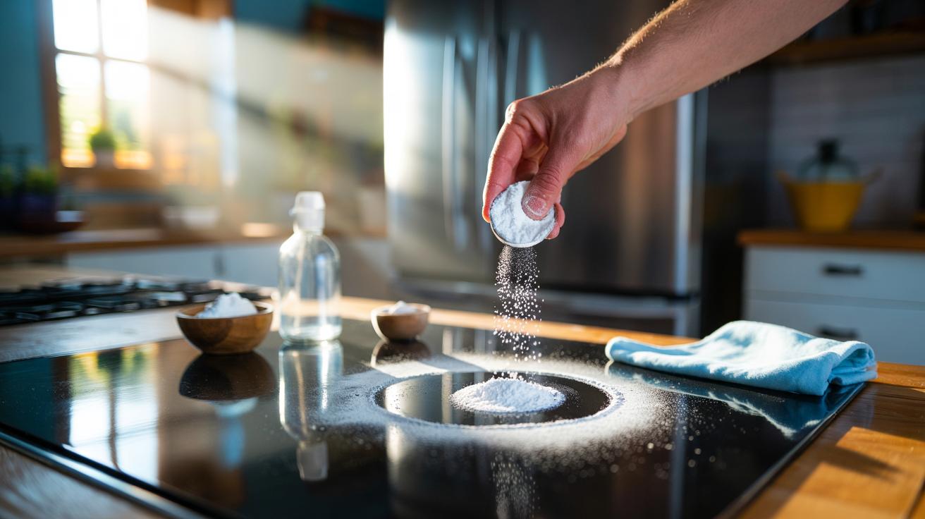 Illustration of cornstarch being sprinkled on a greasy stovetop and wiped clean with a microfiber cloth