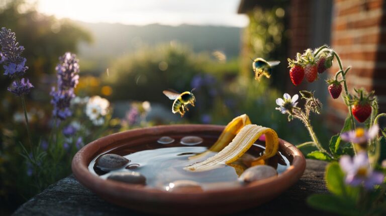 Illustration of banana peels placed in a shallow saucer near flowering plants, attracting bees to enhance pollination