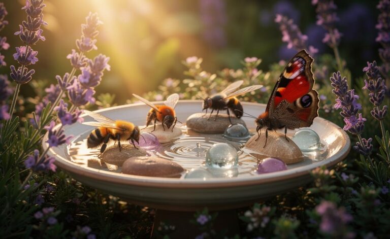 Illustration of bees, butterflies, and hoverflies sipping sugar water from a shallow, pebble-filled garden feeder among flowering plants