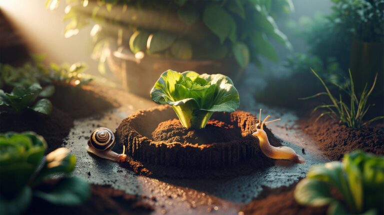 Illustration of coffee grounds forming a natural barrier around garden plants to deter slugs, snails, and ants