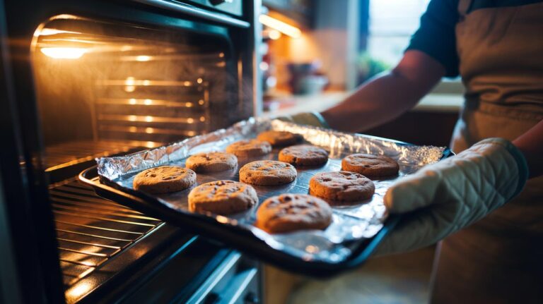 Illustration of a baking tray lined with shiny aluminium foil holding freshly baked cookies with evenly browned edges