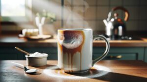 Illustration of baking soda paste being gently swirled inside a tea-stained mug to lift tannin residue in under one minute