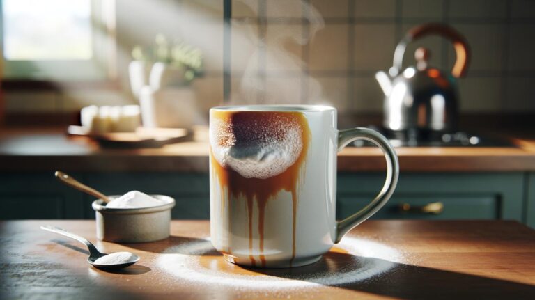 Illustration of baking soda paste being gently swirled inside a tea-stained mug to lift tannin residue in under one minute