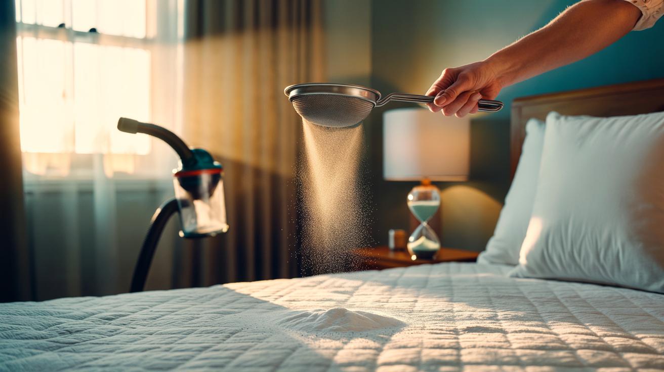 Illustration of baking soda being dusted over a mattress to neutralise odours in two hours