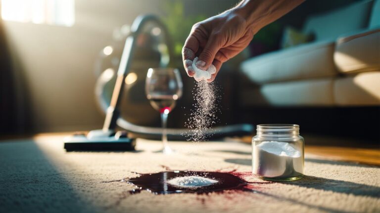 Illustration of baking soda being sprinkled onto a carpet stain to lift dirt and odours through mild alkalinity