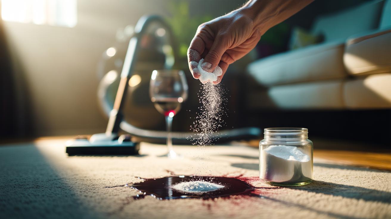 Illustration of baking soda being sprinkled onto a carpet stain to lift dirt and odours through mild alkalinity