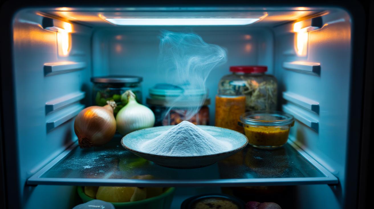 Illustration of a shallow dish with a thin layer of baking soda on a fridge shelf to neutralise odours overnight