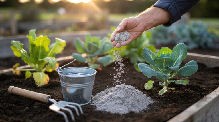 Illustration of wood ash being applied to acidic garden soil to balance pH and revitalise plants naturally