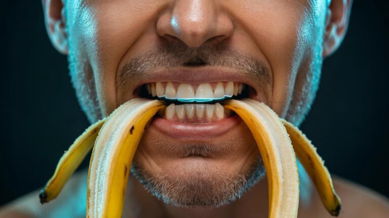 Illustration of a person smiling with a banana peel tucked inside the cheeks, showing the peel’s contact with the teeth and the action of acids on enamel