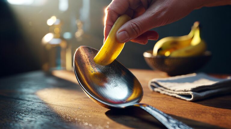 Illustration of a banana peel being used to polish tarnished silver cutlery, with latent oils restoring a bright shine in seconds