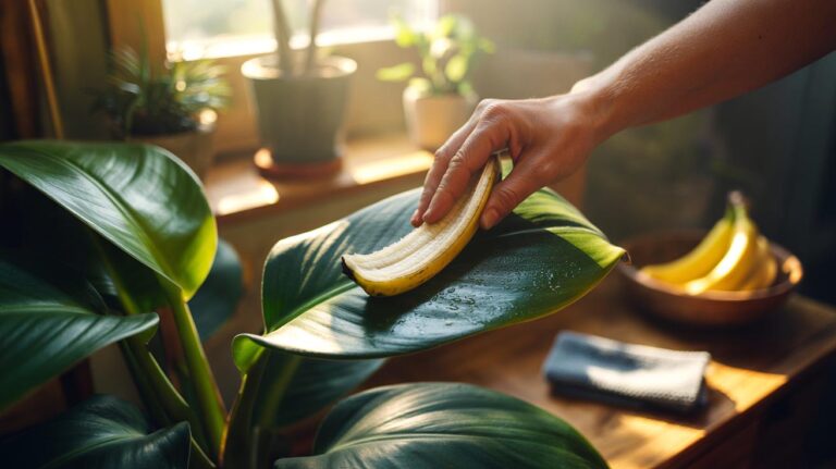 Illustration of a hand rubbing a banana peel on a houseplant leaf to restore natural shine