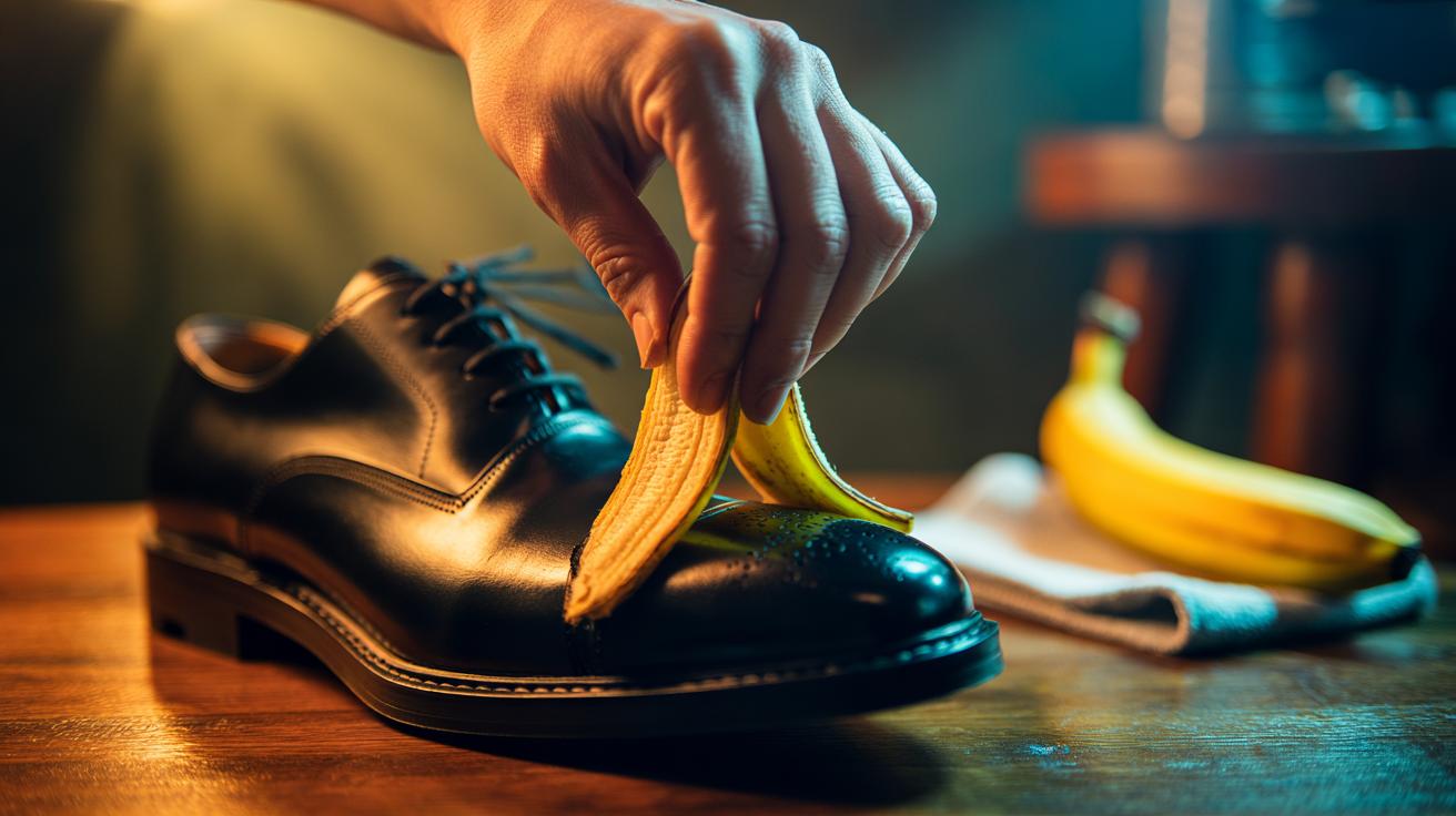 Illustration of a hand rubbing the inside of a banana peel on a leather shoe for a quick shine without polish