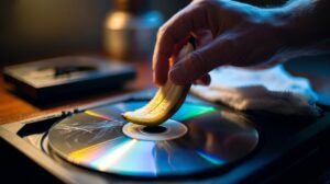 Illustration of a hand rubbing the inside of a banana peel on the plastic side of a scratched DVD