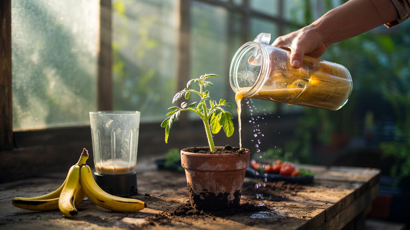 Illustration of a jar of blended banana peel smoothie being poured into the soil around potted plants to boost growth